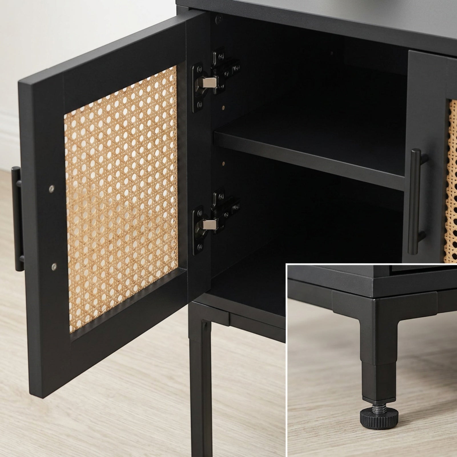 Mjvbn Cane Door Bedside Cabinet Black Natural - Detail view