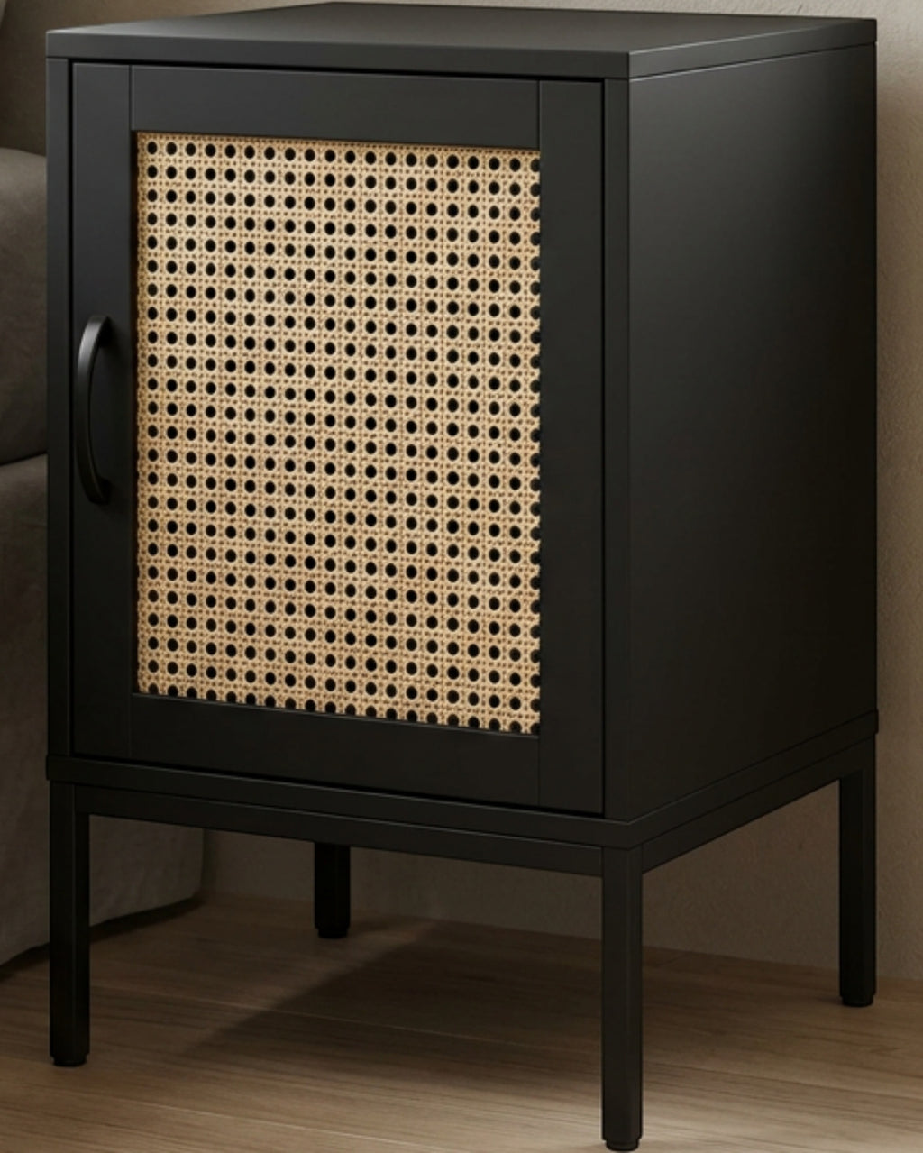Mjvbn Cane Door Bedside Cabinet Black Natural - Lifestyle view