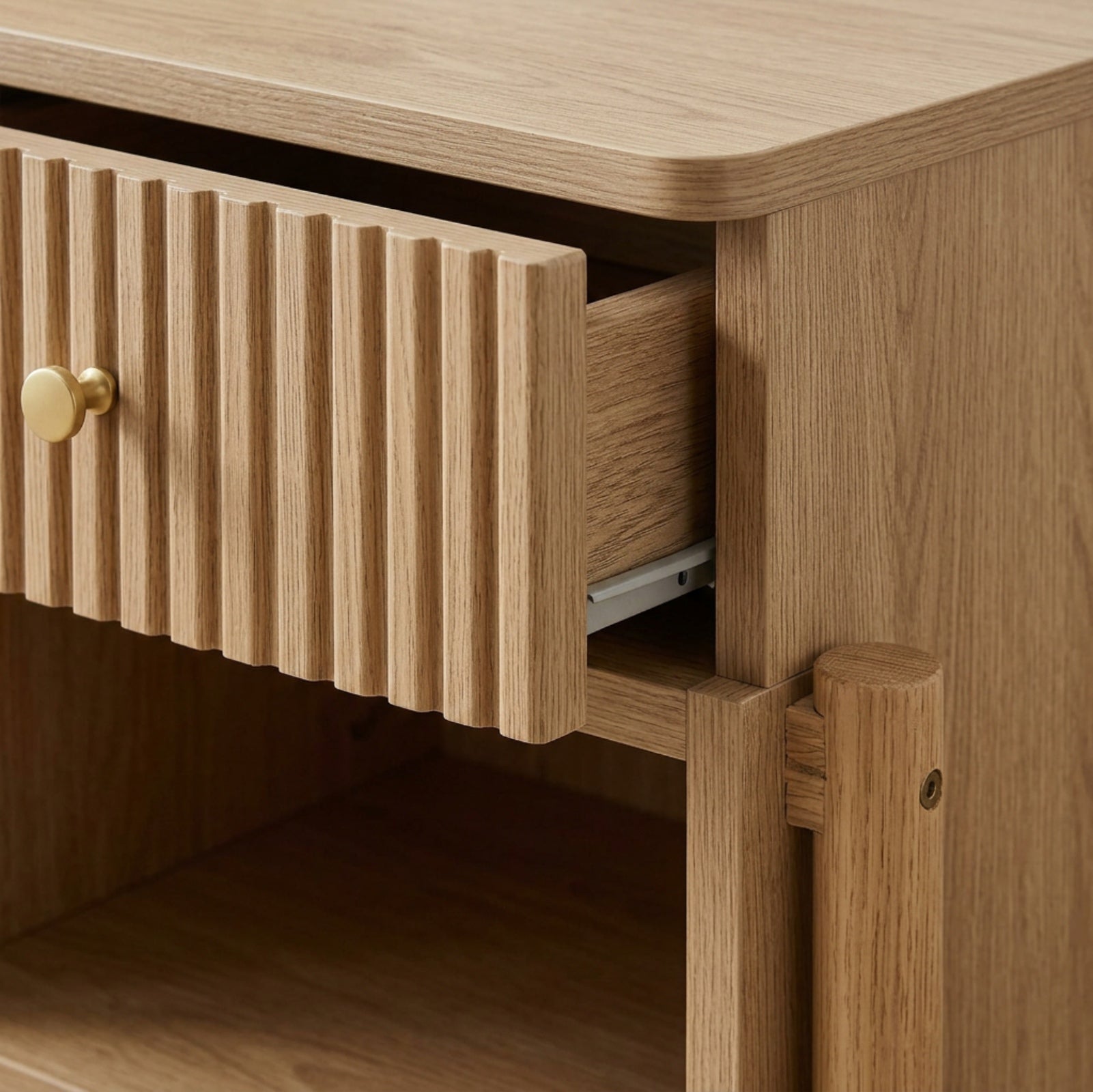 Mjvbn Fluted One Drawer Open Shelf Nightstand Natural Oak - Detail view