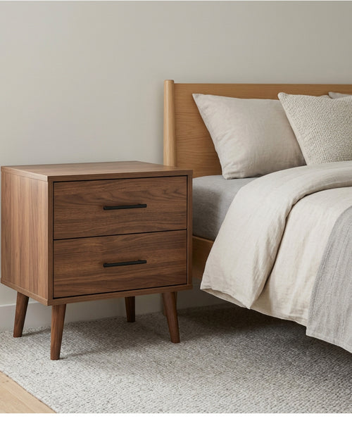 Mjvbn Two Drawer Walnut Nightstand Black Pulls - Lifestyle view